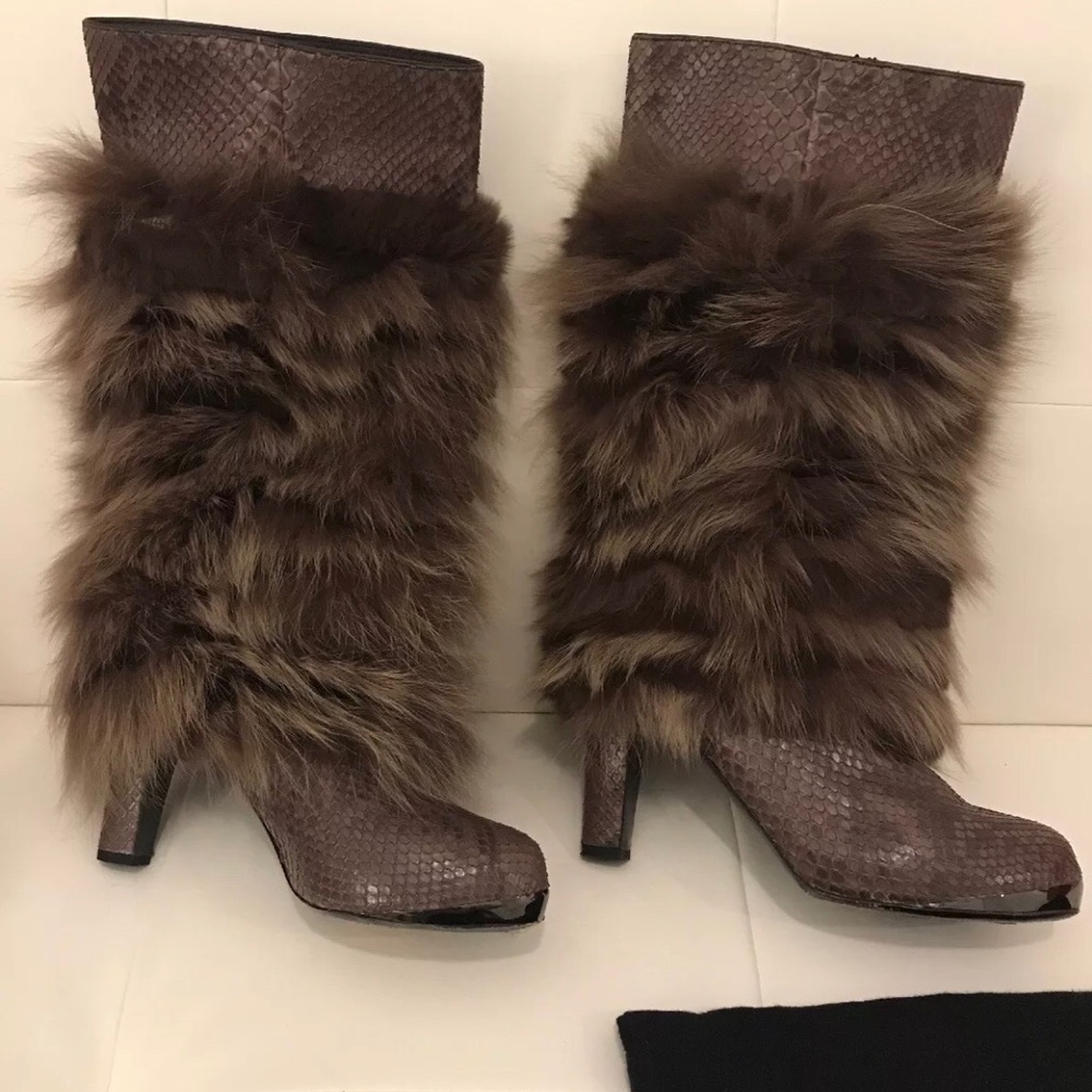 DEVI KROELL Gray Fox Fur Python Boots